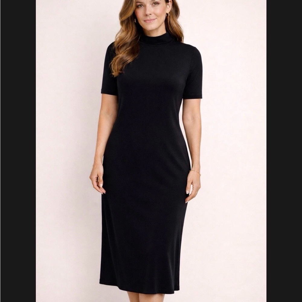 Chico's size large black Midi Mock Neck Dress Short Sleeve Liquid Knit Travel